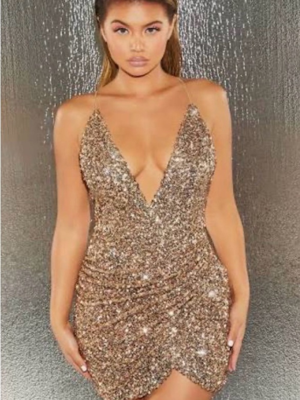 Oh Polly Gold Sequin Plunge Mini Dress